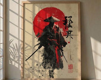 Samurai Wandkunst, Japanischer Krieger Poster, Zen Bushido Kunstdruck, Rote Sonne Japan Dekor, minimalistische Ronin Illustration Vintage Katana Poster