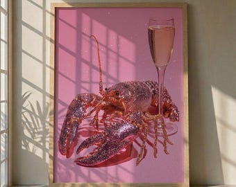 Glitter Hummer Poster, Champagnerglas Wandkunst, Pink Glamour Print, Luxus Wanddekor