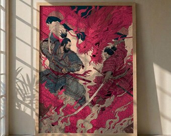 Samurai-Drache Wandkunst, Japanischer Krieger-Schlacht Poster, Roter Drache Kunstdruck, Bushido Geist Dekor, Mythische Japan Illustration, Katana Kunst