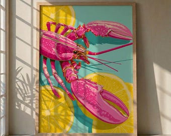 Rosa Hummer Kunstdruck, lebhafte Küstenwanddekoration, modernes Foodie Poster, Küchenkunst