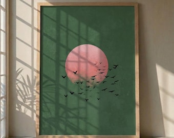 Rosa Sonne und Vögel Kunst, dunkelgrünes Boho Poster, minimalistische Natur Wanddekoration, Scandi
