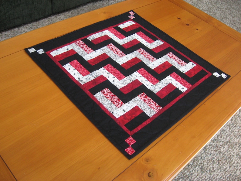 White /& Red Gray Black Quilted Table Topper 3-Rail Blocks FREE SHIPPING