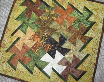 Quilted Table Topper in Fall Batiks, Scrappy Twister Pinwheel #2