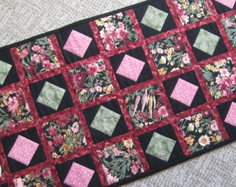 Quilted Table Runner, Vibrant Floral with Square-in-Square