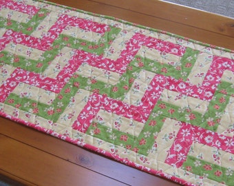 Handmade Quilted Table Runner, Summer Florals in Three-Rail Fence Block