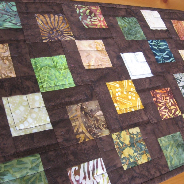 Quilted Fall Table Runner, Batik Kissing Squares Block Table Decor Table Linens FREE SHIPPING