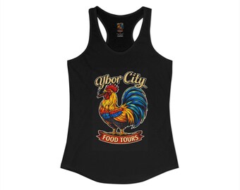 Camiseta sin mangas estilo racerback para mujer de Rooster, con estampado de gallo, ideal para tours gastronómicos por Ybor City.