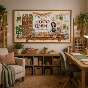 Op de afbeelding: Een rechthoekige wandkunstprint met een illustratie van een persoon die aan een houten bureau knutselt, met de tekst "THE COZY CREATIVE CO. HANDMADE GOODS & ART" in het midden. De scène bevat planken, potplanten, garen en knutselspullen.