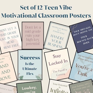 May include: A set of 12 rectangular motivational posters featuring various pastel and dark backgrounds with printed text including phrases like Don't let a bad grade live in your head rent free, Success is the ultimate flex, and Be the main character.