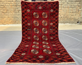 Tappeto vintage turkmeno Bokhara 3x6, tappeto in lana rossa annodato a mano, autentico arredamento tribale afghano per ingresso o comodino, tappeto geometrico boho