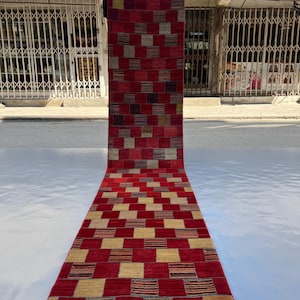 2x11 Ft Vintage Afghan Runner Rug, Hand Knotted Red Geometric Hallway Carpet, High Quality Natural Dye Wool Rug, Modern Tribal Long Runner