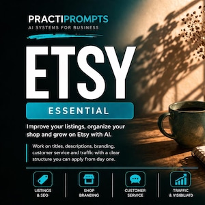 Puede incluir: Un portátil que muestra una página de tienda de Etsy está sobre un escritorio con una taza de café y un bloc de notas. La imagen promociona la optimización de listados de Etsy con el texto "ETSY ESSENTIAL".
