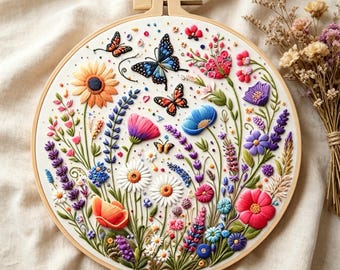 May include: A colorful floral embroidery hoop featuring a variety of flowers and butterflies. The design includes a large sunflower, daisies, and other wildflowers in shades of red, pink, blue, and purple. The embroidery is set in a wooden hoop.