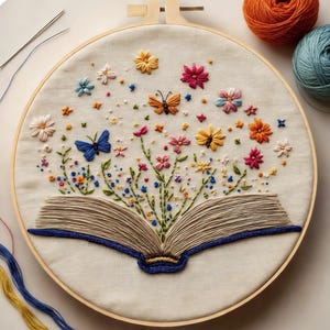 Könnte beinhalten: Stickrahmen mit einem offenen Buch-Design, aus dem bunte Blumen und Schmetterlinge herausragen. Die Stickerei verwendet Farben wie Blau, Rosa, Orange und Gelb auf cremefarbenem Stoff. Ein Holzrahmen umschließt das Kunstwerk.