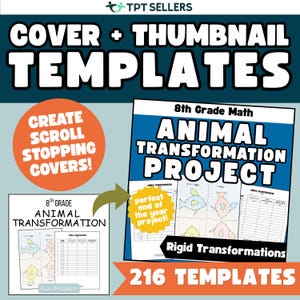 Può includere: Modelli digitali per progetti di matematica di ottava classe con il testo Cover + Thumbnail Templates, Create Scroll Stopping Covers, 8th Grade Animal Transformation Project e Rigid Transformations. Include illustrazioni di pesci su griglia.
