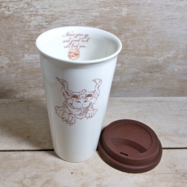 Mug with Luck Dragon, Travel Mug, Take out Cup, Neverending Story, Never Give Up Luck Will Find You Mug, Cute 16 oz Porcelain Travel Coffee