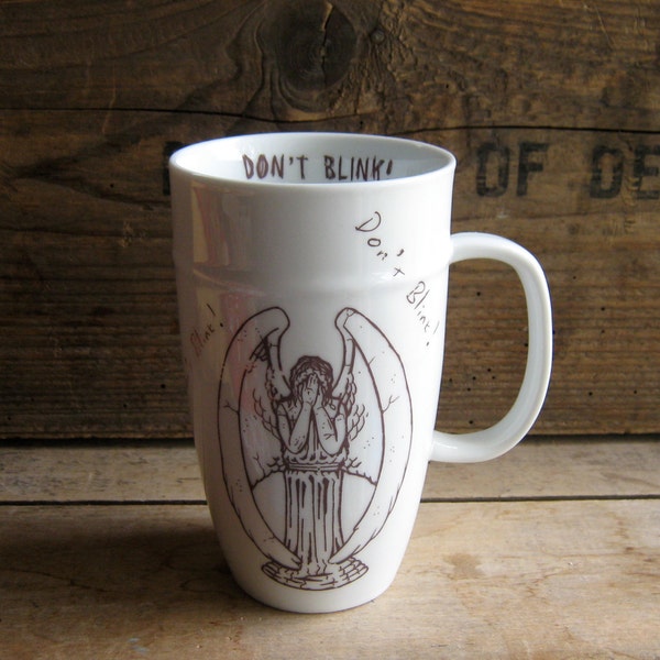 DISCOUNTED SECOND Weeping Angel Mug, Don't Blink, Doctor Who Coffee Mug, Tardis Coffee Cup, 20 oz Porcelain, Recycled, Ready to Ship