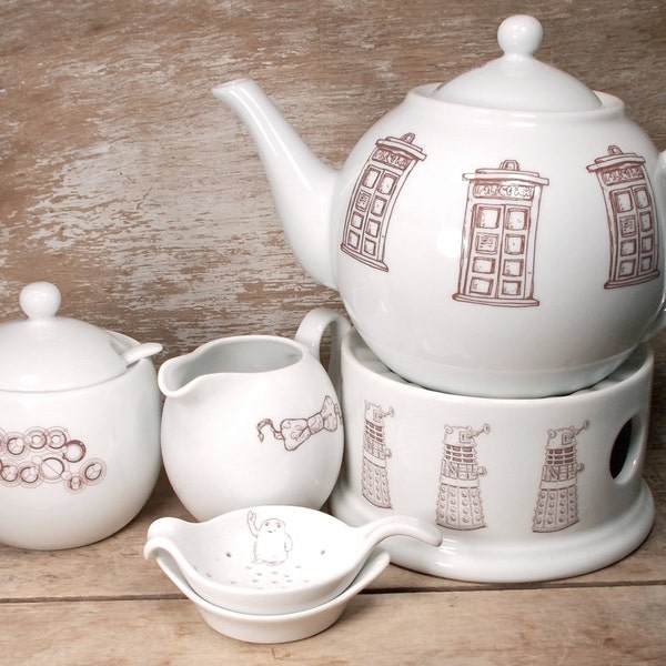 Doctor Who Tea Set with Teapot, Creamer and Sugar Bowl, Tea Strainer and Spoon, Teapot Warmer, Doctor Who Tea Lover,