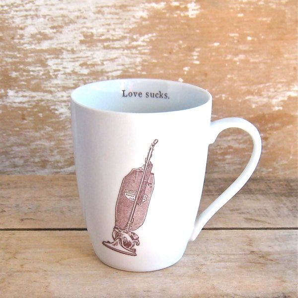 Love Sucks Mug, Love Romance Coffee Cup, Anti Valentine's Day, Vintage Vacuum Cleaner, Heart in Trash Can, 16 oz Mug, Ready to Ship