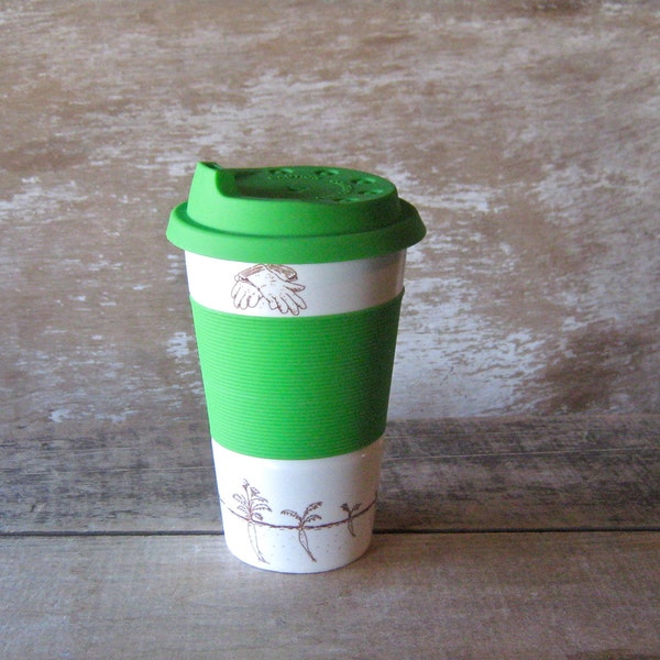 Ceramic Travel Mug, Green Growing Garden, Gardener Takeaway Tumbler,  Ready to Ship