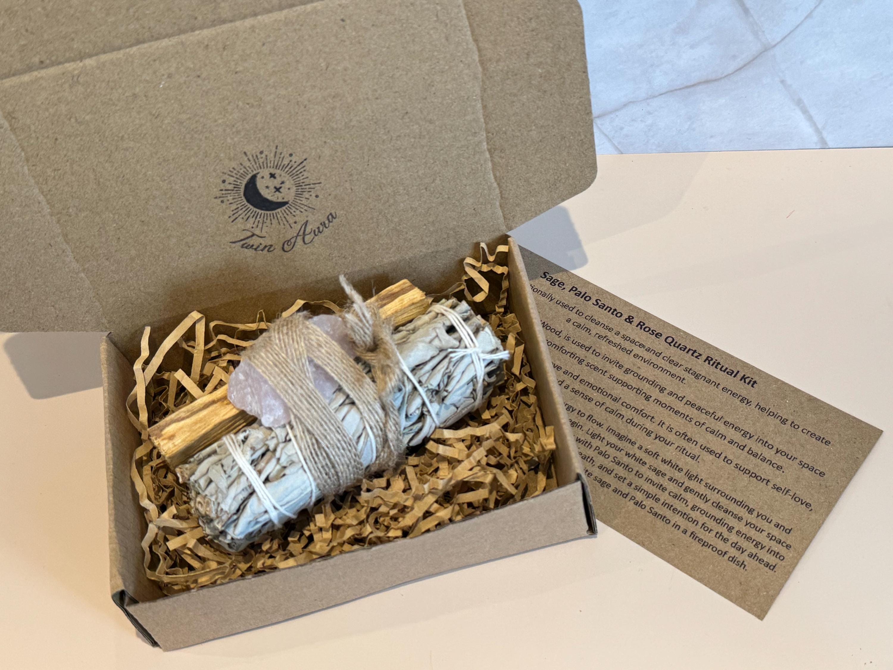 White Sage, Palo Santo and Rose Quartz Cleansing Ritual Kit Gift ...