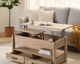 Modern Lift Top Coffee Table with Storage in Light Wood Finish