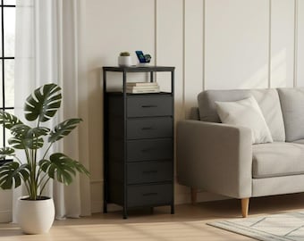 Armario de almacenamiento moderno de metal negro con cajones para una organización elegante.