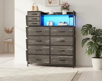Modern storage unit with 8 black wooden drawers and LED lighting for the home