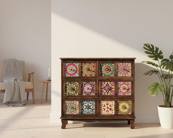 Colorful Handcrafted Wooden Cabinet with Ornate Panels for Rustic Home Decor Storage