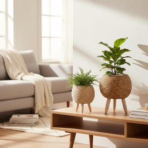 Woven Natural Plant Pots with Wooden Legs for Indoor Greenery and Rustic Home Decor