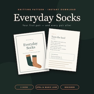 May include: A digital knitting pattern for Everyday Socks featuring a dark green and tan sock illustration on the cover page and detailed step-by-step instructions for turning the heel on the second page, all set against a dark green background.