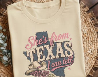 She's From Texas I Can Tell Shirt,Bella Canvas 3001 Texas Map Cowboy Hat Tee,Floral Western State Pride Graphic, Multiple Colors, Texas Gift