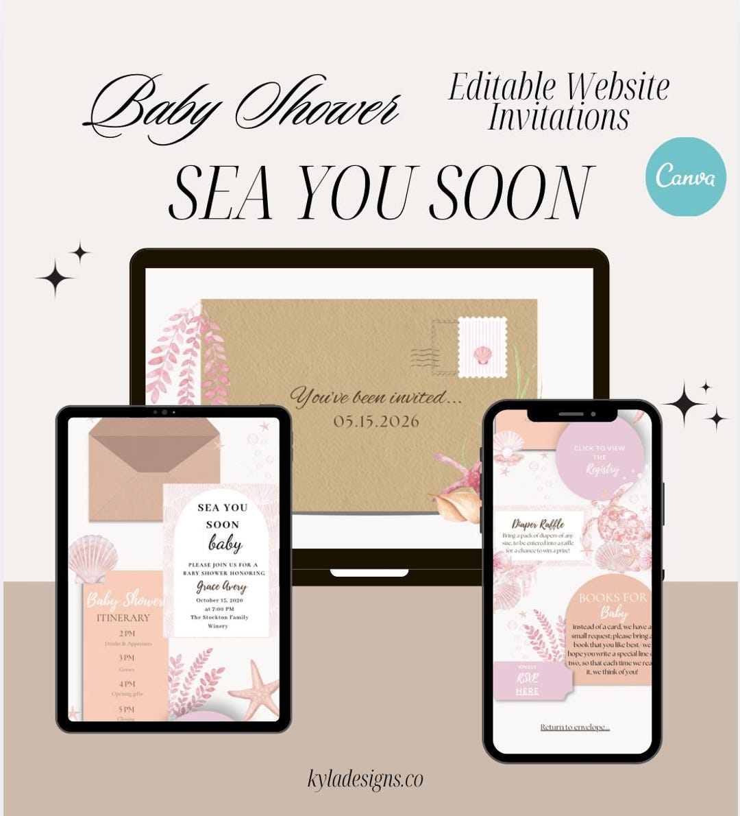 Sea You Soon Baby Shower Editable Canva Website - Invitation Template ...