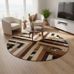 Alfombra redonda de patchwork de piel de vaca: alfombra geométrica de cuero, marrón, beige y negro con pelo sobre piel