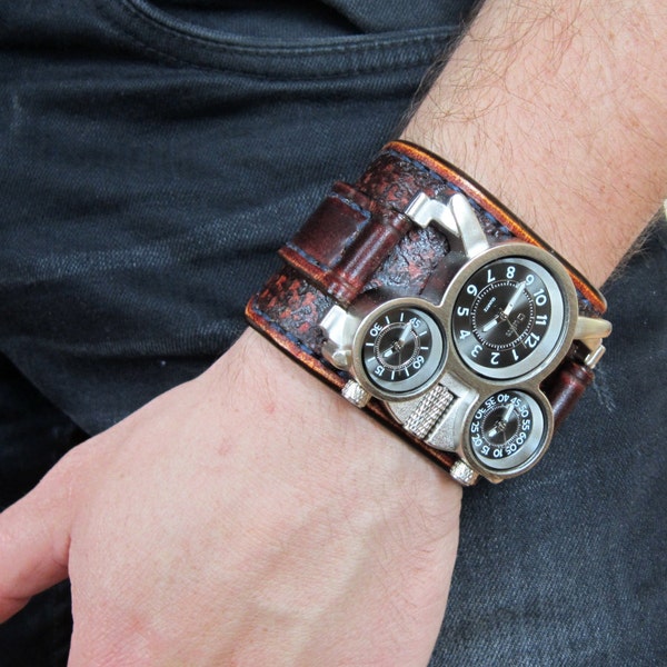 Pulsera de cuero para reloj de pulsera para hombre, reloj Steampunk, reloj militar, manguito de cuero marrón