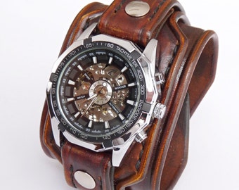 Genuine Smooth Leather Anti-Allergic Brown Watch , Anti-Allergic Watch Cuff