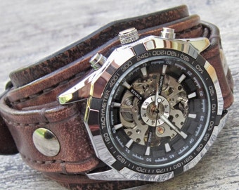 Steampunk Leather Watch, Retro Wrist Watch, Vintage Brown Watch, Bracelet Watch, Mechanical Watch