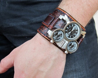 Men's wrist watch leather bracelet, Steampunk Watch, Military Watch, Brown Leather Cuff