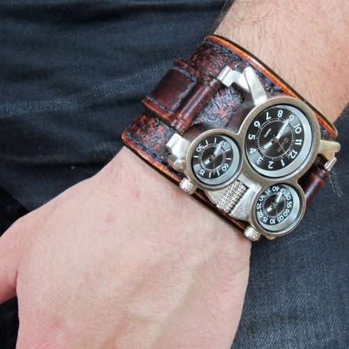 Mens Steampunk Watch Leather Bracelet Steampunk Cuff Etsy