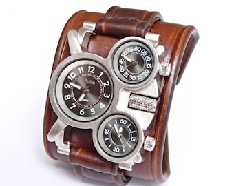 Custom Text Men's wrist watches Leather bracelet, Steampunk Watches with custom text
