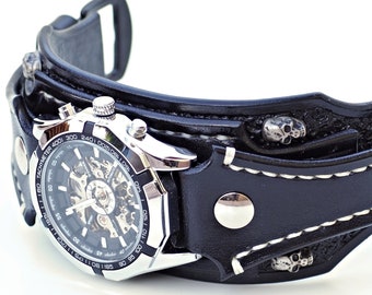 Ready to Ship - Leather Skull Watch, Gothic Watch, Bikers Jewelry, Black Leather Watch, Mens Watch