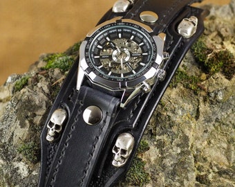 Black Biker Leather Skull Watch, Black Bikers Watch, Biker Jewelry