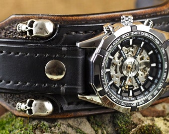 Biker Leather Skull Watch, Black Bikers Watch, Biker Jewelry