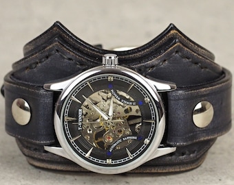 Men’s Steampunk Watch, Black Leather Bracelet, Steampunk Cuff