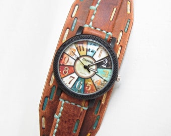 Vintage Womens Watch, Leather Cuff Watch, Bracelet Watch