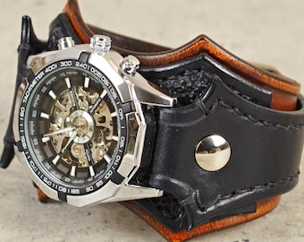 Steampunk Watch, Black Bikers Watch, Gothic watch, Watch band, Mens Watch Leather