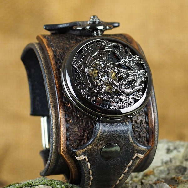 Reloj de bolsillo Steampunk, reloj de pulsera, negro y marrón vintage, reloj de dragón, puño de reloj de cuero, joyería para hombre