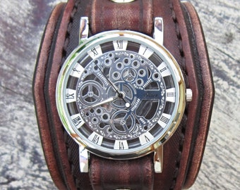 Mens Leather Watch, Steampunk Wristwatches, Unisex Leather Watch, Handcrafted Leather Watch Cuff, Vintage Watch