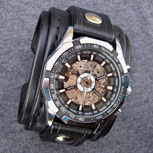 Unisex Steampunk Watch, Leather Cuff Watch, Women Cuff Bracelet ...