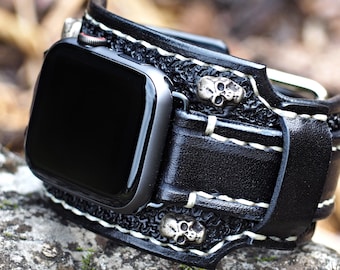 Bikers Band, Skull Apple watch Cuff, Gothic Apple watch strap, 42mm apple watch, 44mm apple watch, 38, 41, 45, 49